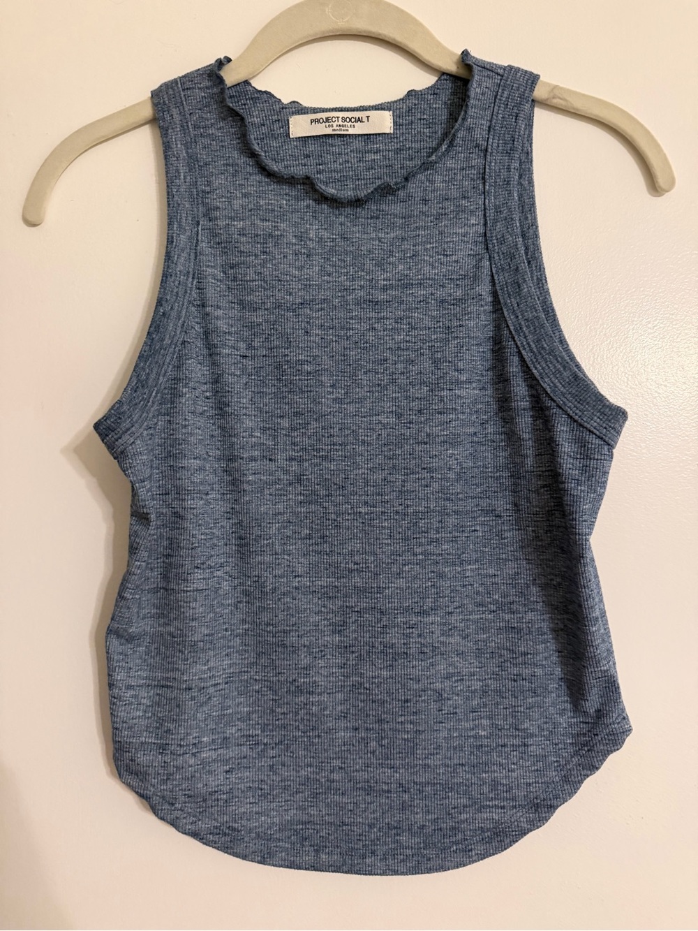 Project Social T Heathered Blue Fitted Ribbed Scallop Trim Tank
